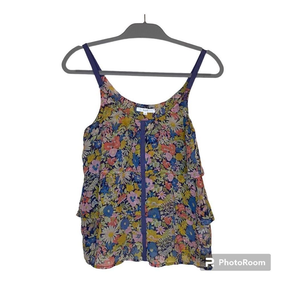 Eliot Floral Silk Tiered Scoop Neck Sleeveless Tank Top Multi-Color Size XS